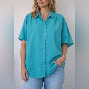 J. Crew Irish Linen Turquoise Casual Button-Down Shirt Size XL